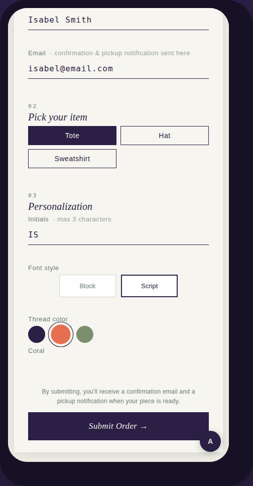 Order form filled out: item, initials, font, thread color